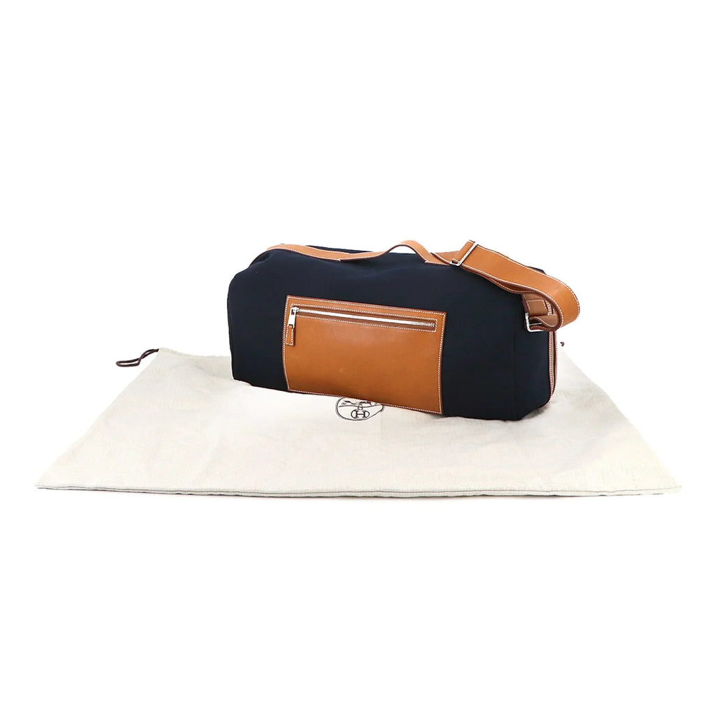 Pre-Owned Hermes Odyssey Tail Duffel Bag 2way Hand Shoulder Gauland Canvas Spudkidskin Blue Marine Gold (Like New)