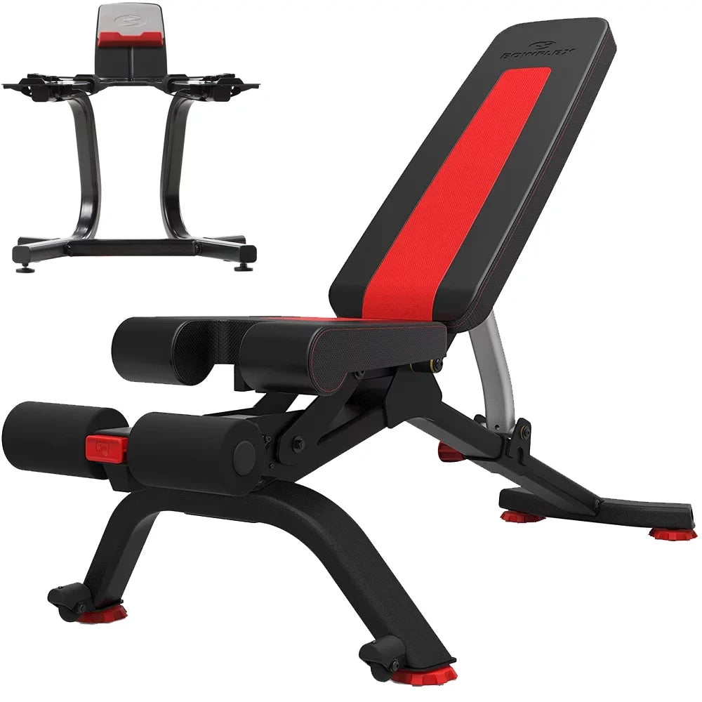 Bowflex 100675 5.1S Stowable SelectTech Adjustable Bench, 6 Adjustment Angles Bundle with Bowflex SelectTech Dumbbell Stand with Media Rack