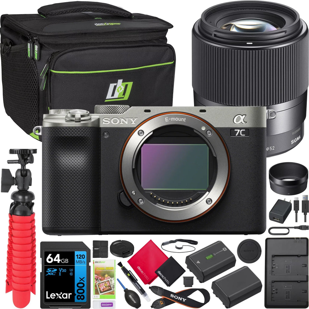Sony a7C Mirrorless Full Frame Camera Body Silver ILCE-7C/S Bundle with Sigma 30mm F1.4 DC DN Contemporary Lens 302965 + Deco Gear Bag + Extra Battery & Dual Charger + 64GB Card +Tripod & Accessories