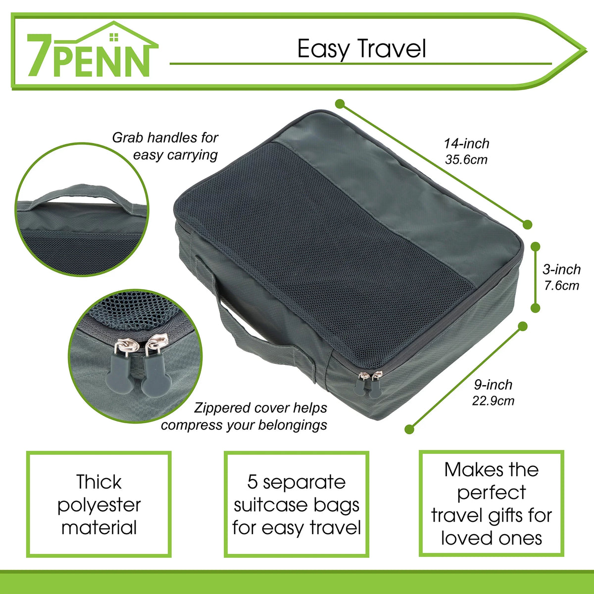 7Penn Premium Packing Cubes Set - 5pk Black Luggage Organizers for Travel