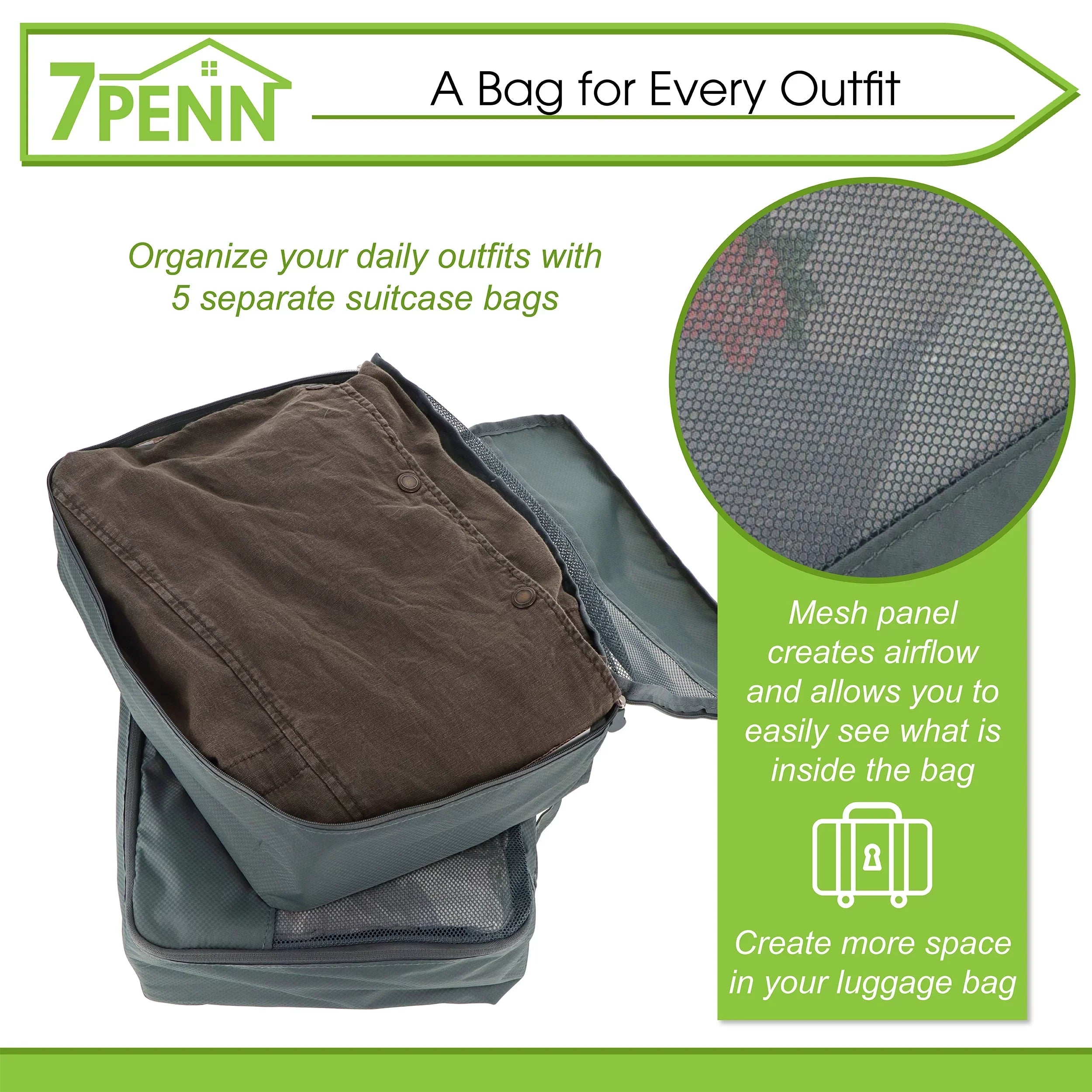 7Penn Premium Packing Cubes Set - 5pk Black Luggage Organizers for Travel