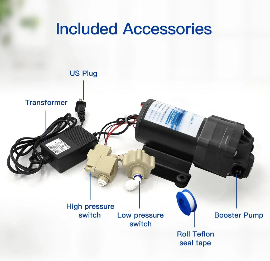 YGDU Reverse Osmosis Booster Pump Kit with Transformer + High and Low Pressure Switches + Fittings for 50-150 GPD RO System