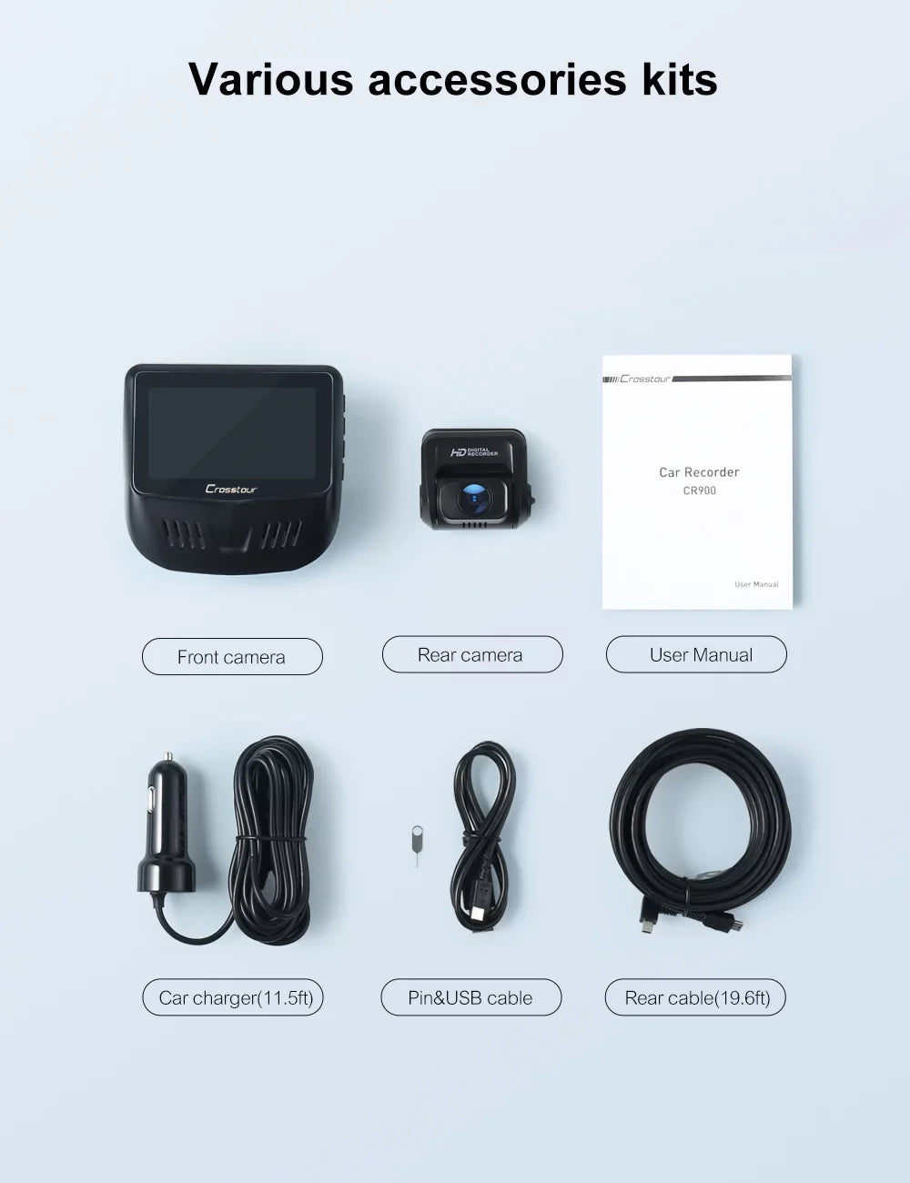 Crosstour Dash Cam,Front and Rear 3” Dual Car Camera 1080P,External GPS Supported,Sony Sensor,32GB Max,Black