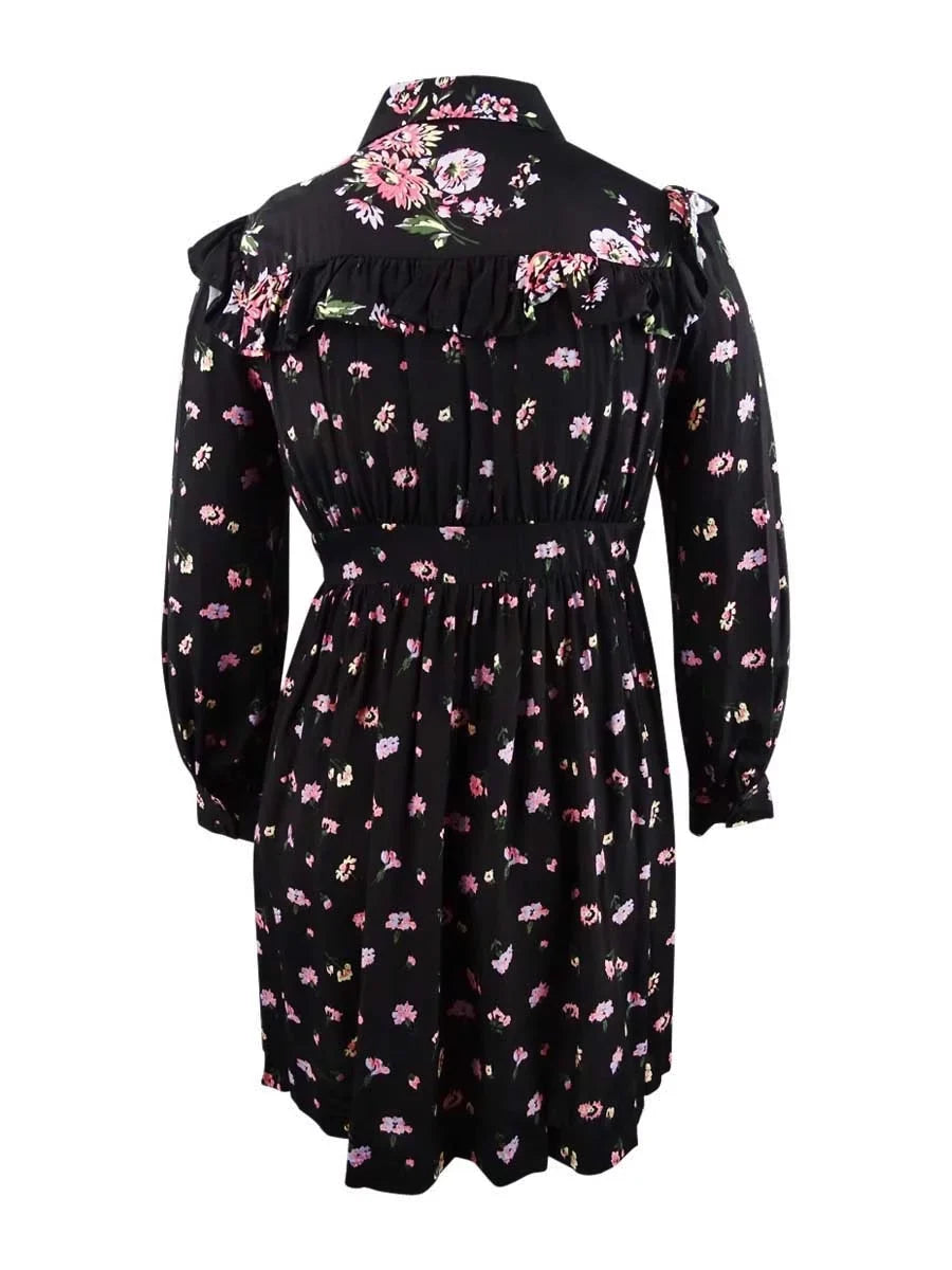 JILL STUART Womens Black Printed Ruffled Long Sleeve Shirt Dress L