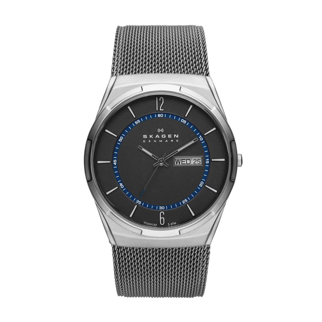 Melbye Titanium and Gray Steel-Mesh Day-Date Watch (SKW6078)