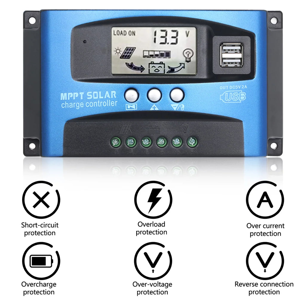 Htovila 30A-100A Solar Charge Controller Solar Panel Charge Controller Dual USB Charge Regulator Intelligent Adjustable Parameter LCD Display