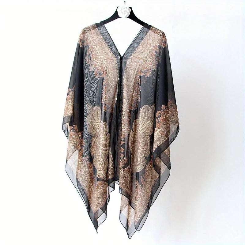 Jkzcp Fashionable Sun Protection Vintage Paisley Print Shawl Bikini Coating Up With Button