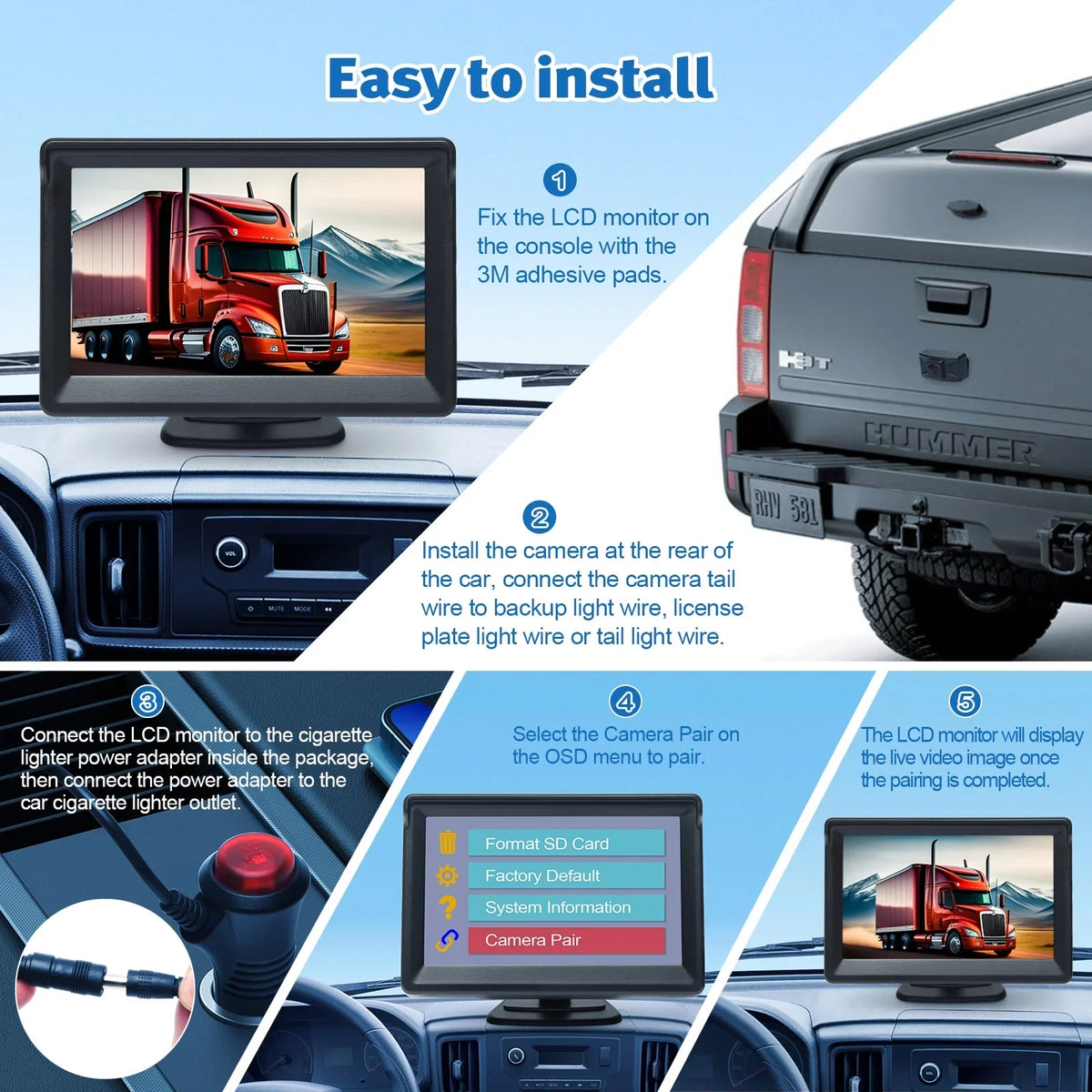 Wireless Backup Camera Kit 5 Inch LCD Monitor DVR Video Recorder with OSD Menu Rear View Camera 720P HD Reverse Camera for Car Van Truck Camper Trailer