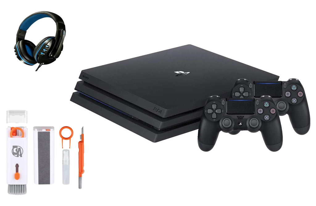 Pre-Owned Sony PlayStation 4 Pro 1TB Gaming Console Black Headset 2 Controller With BOLT AXTION Cleaning Kit Bundle (Refurbished: Like New)