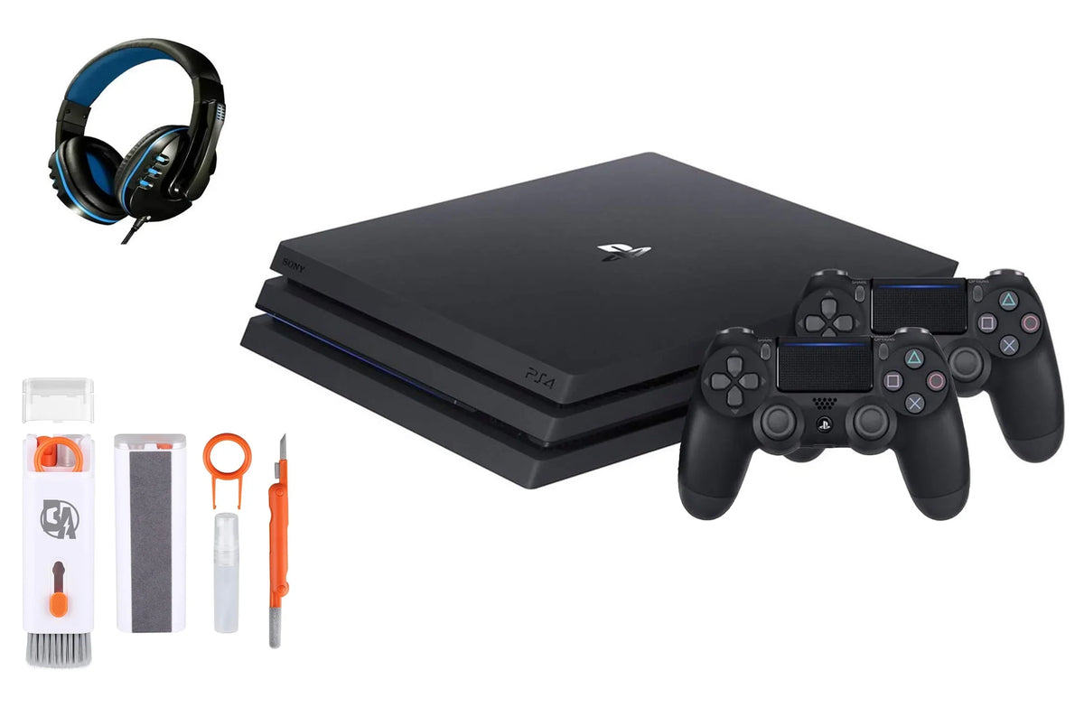 Pre-Owned Sony PlayStation 4 Pro 1TB Gaming Console Black Headset 2 Controller With BOLT AXTION Cleaning Kit Bundle (Refurbished: Like New)