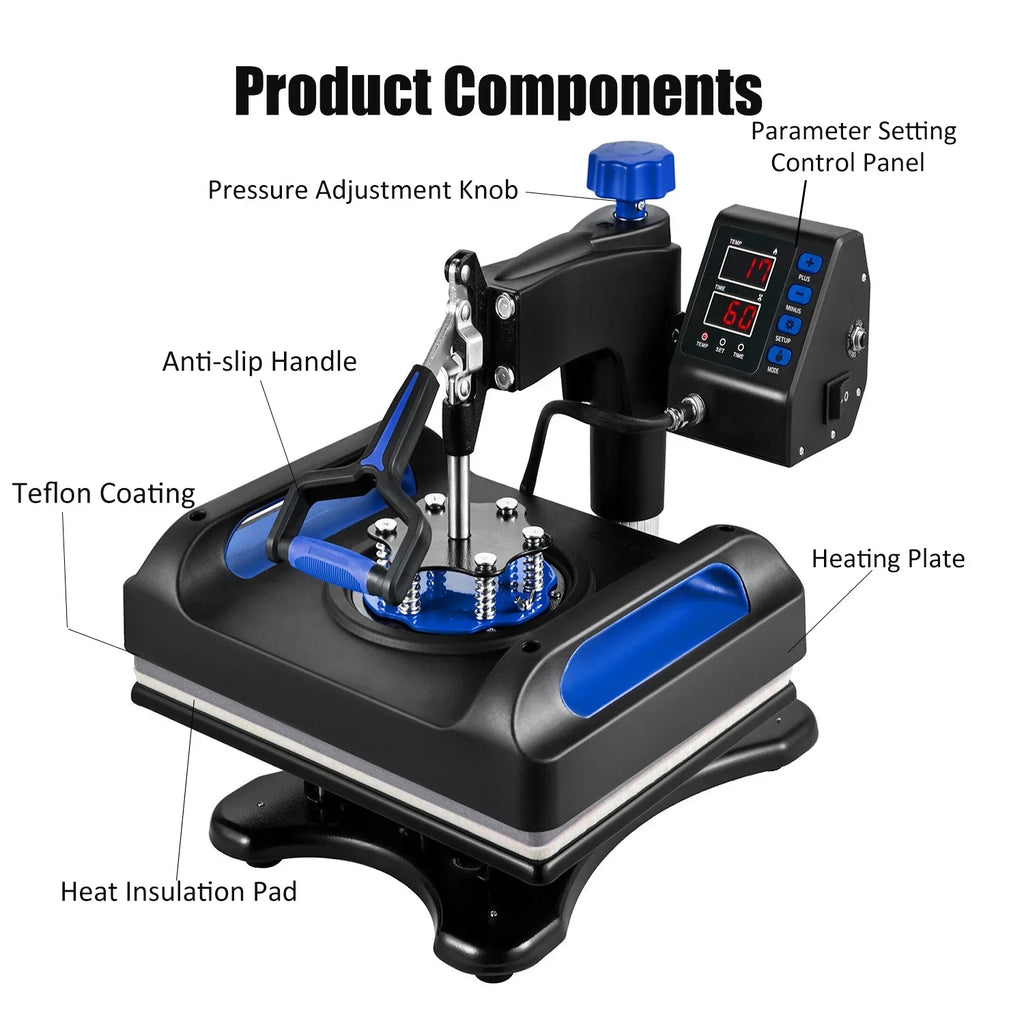 Blue Heat Press Machine 975W, 15 x 15 Inches Sublimation Transfer Printer, Digital Precise LCD Control Printing, 360 Swing Away Vinyl Transfer Printer for T-Shirts, Canvas Bag, Pillow, Banner