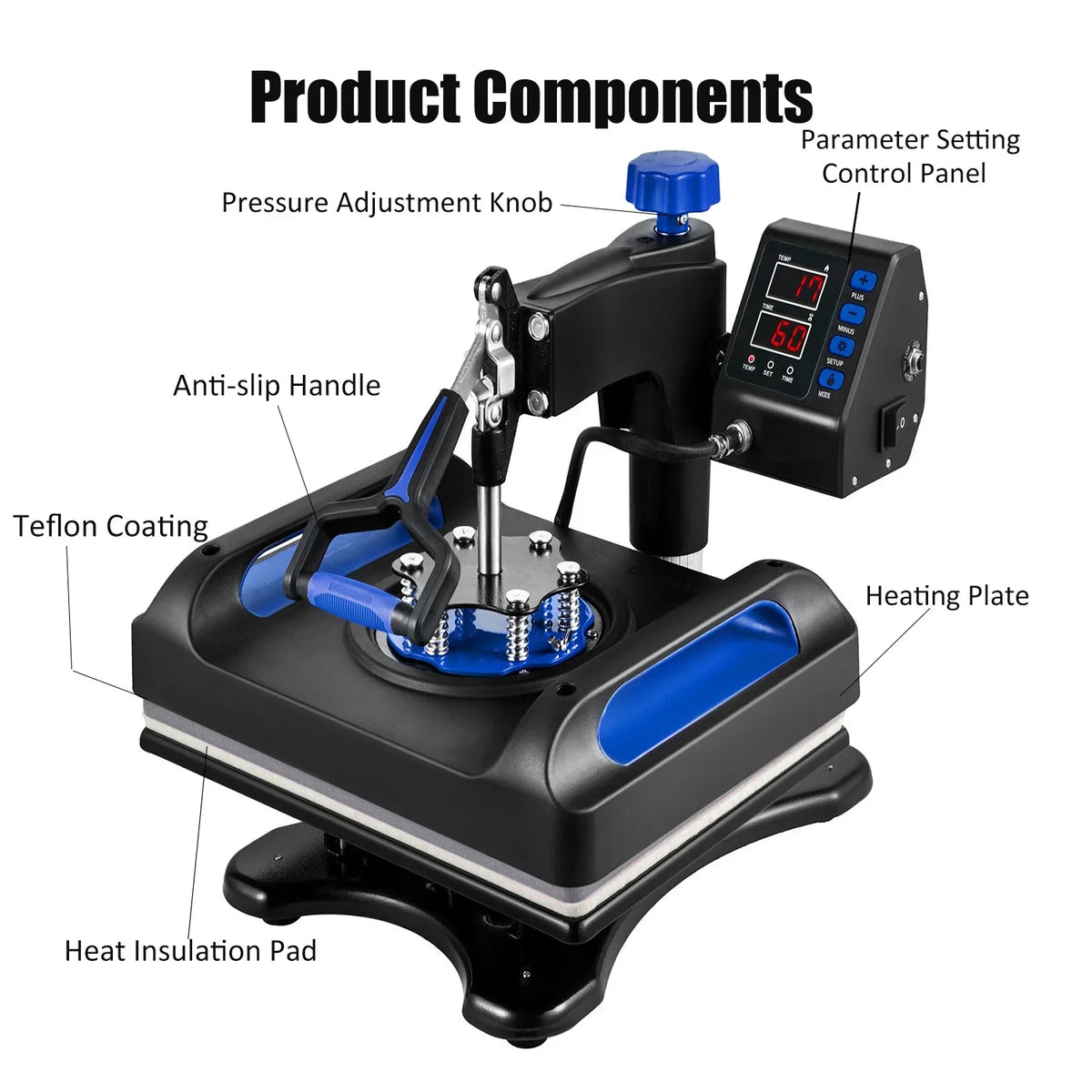 Blue Heat Press Machine 975W, 15 x 15 Inches Sublimation Transfer Printer, Digital Precise LCD Control Printing, 360 Swing Away Vinyl Transfer Printer for T-Shirts, Canvas Bag, Pillow, Banner
