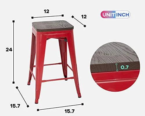NLTBONNIE 24 Inches Metal Stools Set of 4 Counter Height Wood Seat Barstool Patio Stool Stackable Backless Stool Indoor Outdoor Metal Kitchen Stools Chairs (Red)