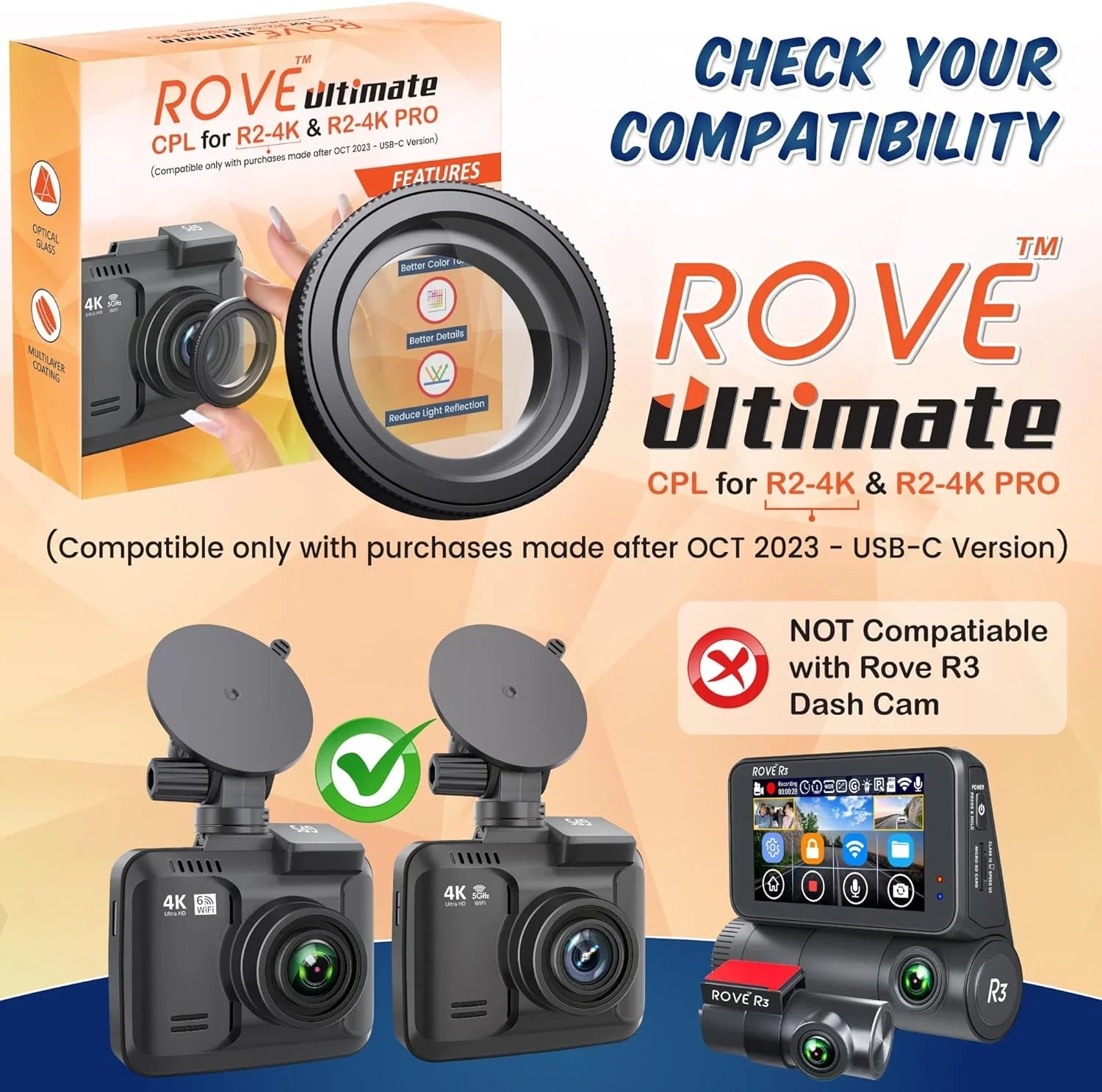 ROVE Ultimate CPL Filter, Anti-Glare Circular Polariser Lens for ROVE R2-4K and R2-4K PRO Dash Cam Models