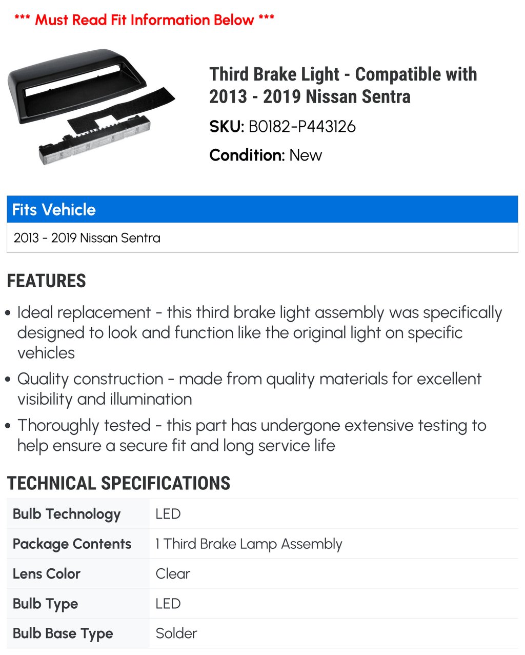 Third Brake Light - Fitting with 2013 - 2019 Nissan Sentra 2014 2015 2016 2017 2018