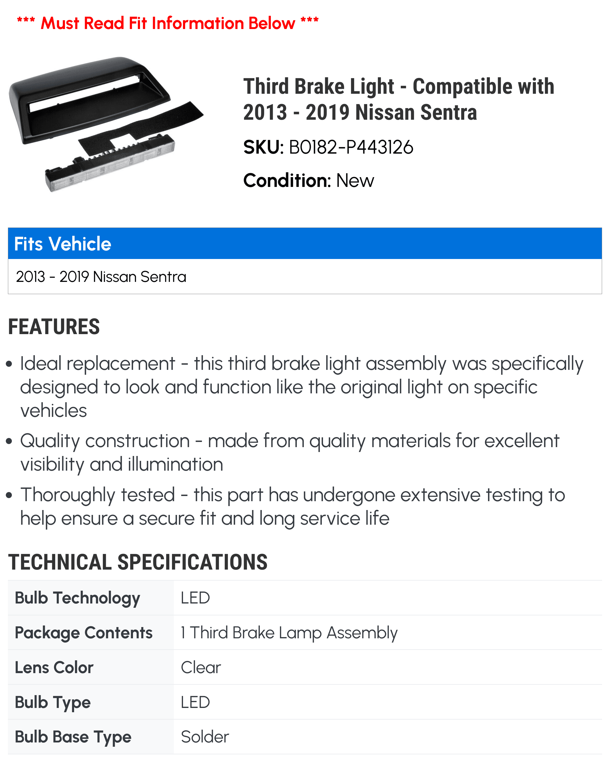 Third Brake Light - Fitting with 2013 - 2019 Nissan Sentra 2014 2015 2016 2017 2018
