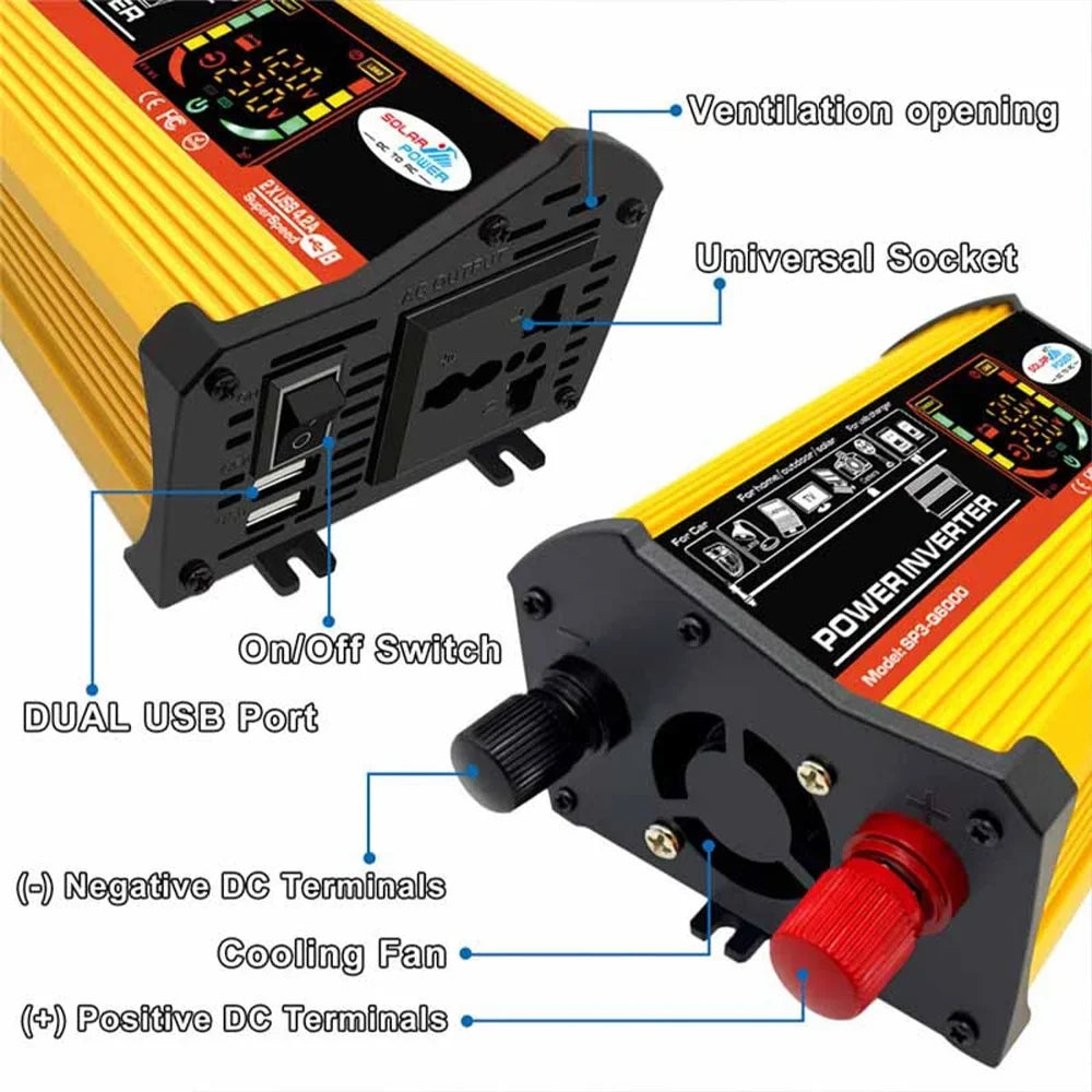 ALLTIMES 6000W Car Power Inverter Reted 500W DC12V-AC220V Modified Sine Wave Intelligent Digital Display 2 USB Ports Fast Charging Auto Charger Converter Adapter
