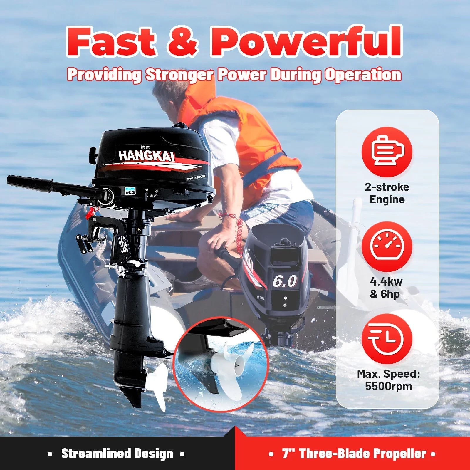 Anqidi 6HP 2 Stroke Outboard Motor, 102CC Single Cylinder Fishing Vessel Engine Tiller Control Water Cooling System 4.4kW CDI