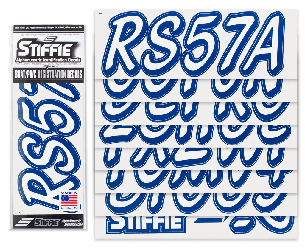 STIFFIE Whipline Solid White/Navy 3" Alpha-Numeric Registration Identification Numbers Stickers Decals for Vessel & Personal Watercraft