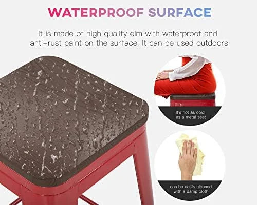 NLTBONNIE 24 Inches Metal Stools Set of 4 Counter Height Wood Seat Barstool Patio Stool Stackable Backless Stool Indoor Outdoor Metal Kitchen Stools Chairs (Red)