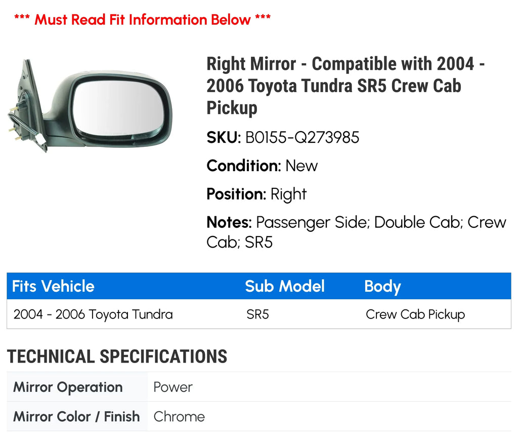 Right Mirror - Suitable with 2004 - 2006 Toyota Tundra SR5 Crew Cab Pickup 2005