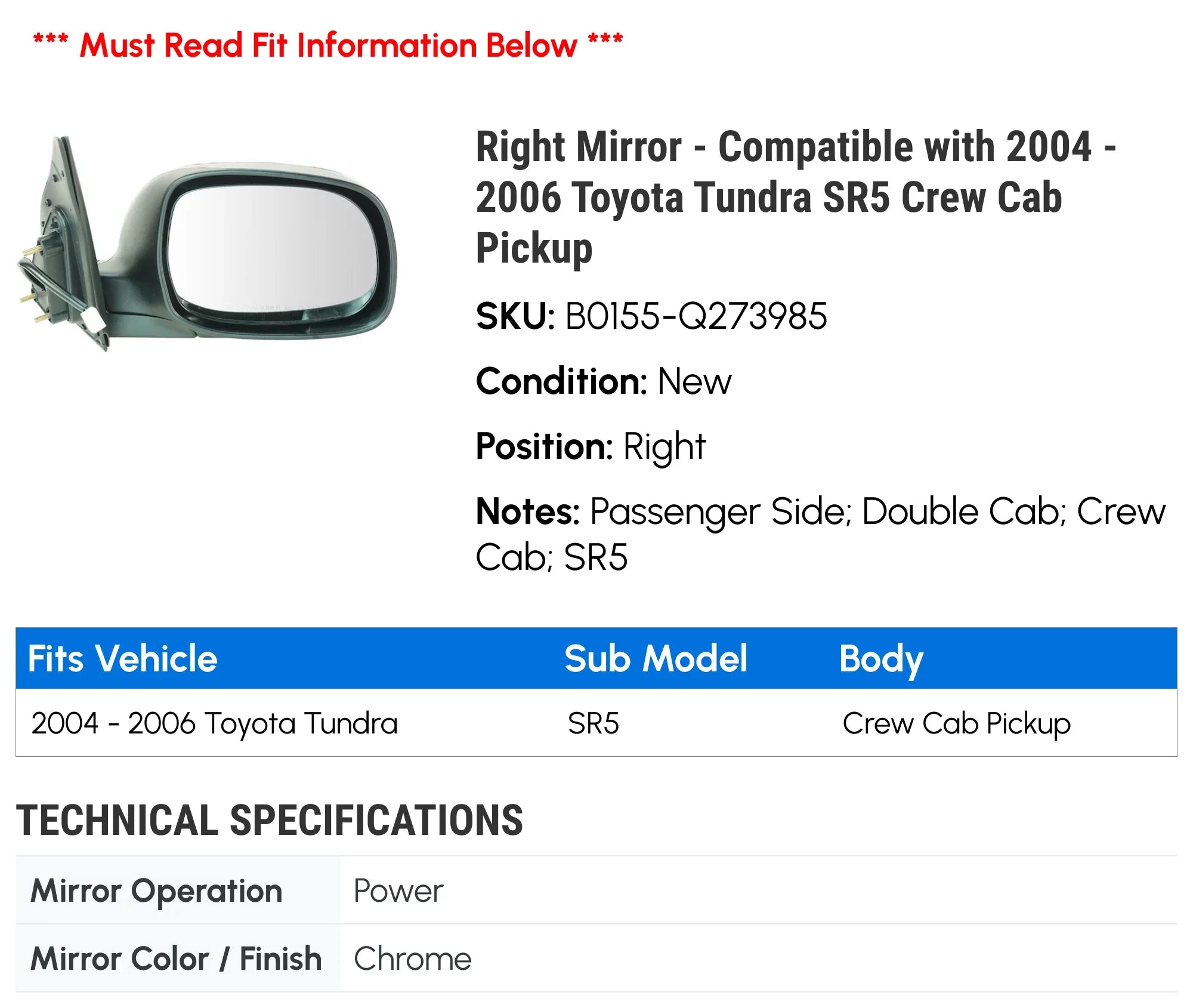 Right Mirror - Suitable with 2004 - 2006 Toyota Tundra SR5 Crew Cab Pickup 2005
