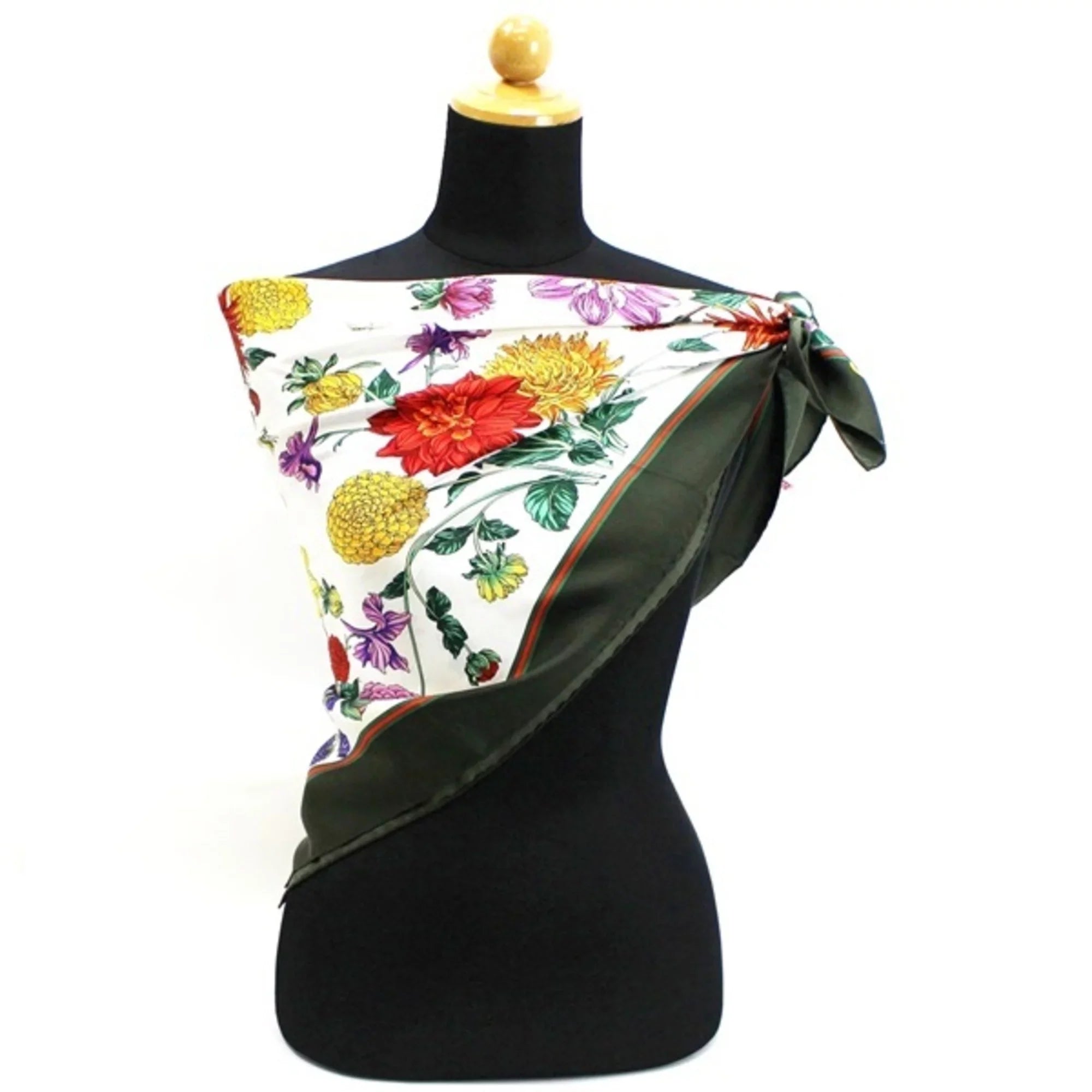 Pre-Owned Gucci Old Silk Scarf Muffler Stole White x Khaki Dahlia GUCCI Women's Flower (Good)