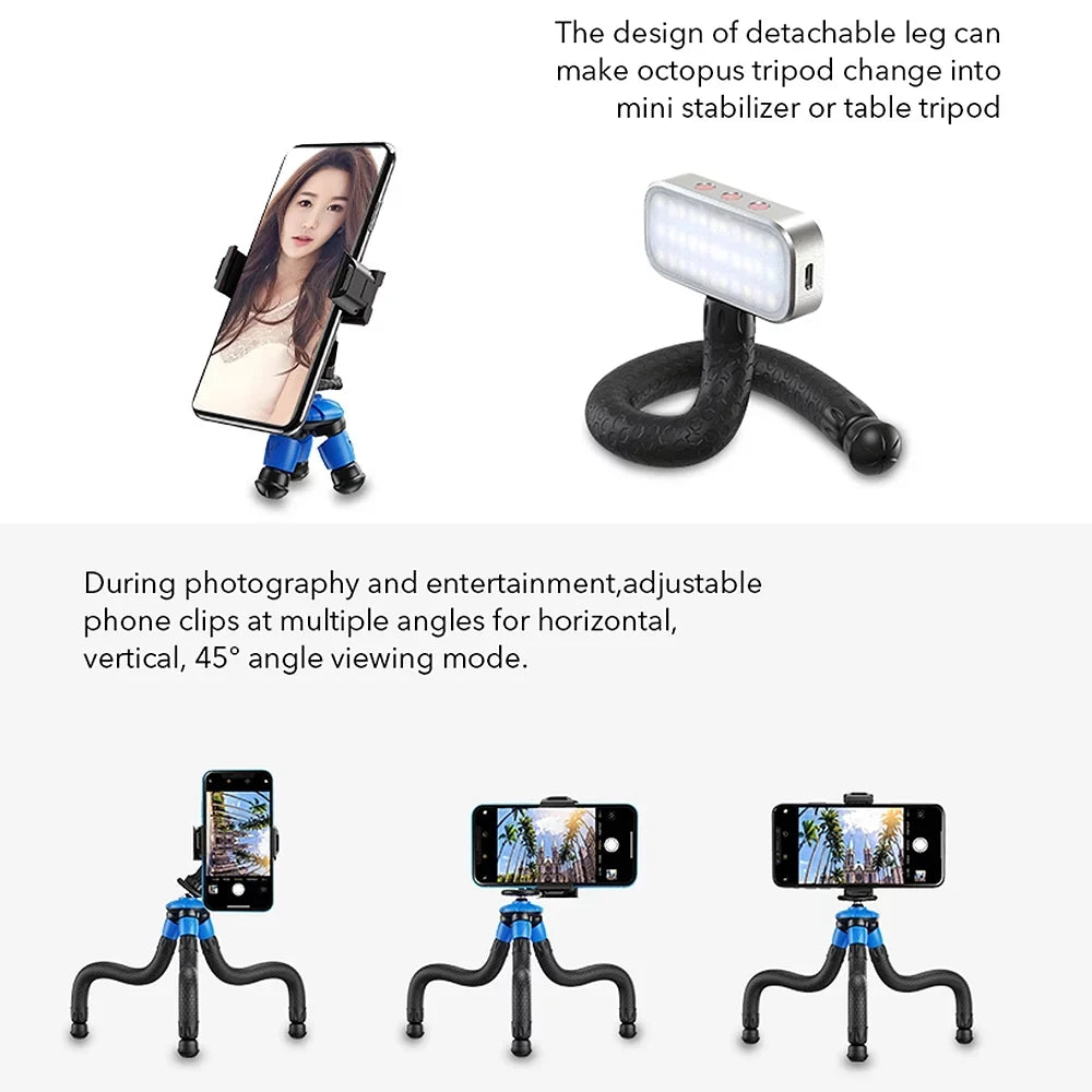 APEXEL APL-JJ07 Detachable Flexible Octopus Tripod Portable Travel Mobile Phone Tripod with Foldable Phone Clip Matching with DSLR Max Load 3kg