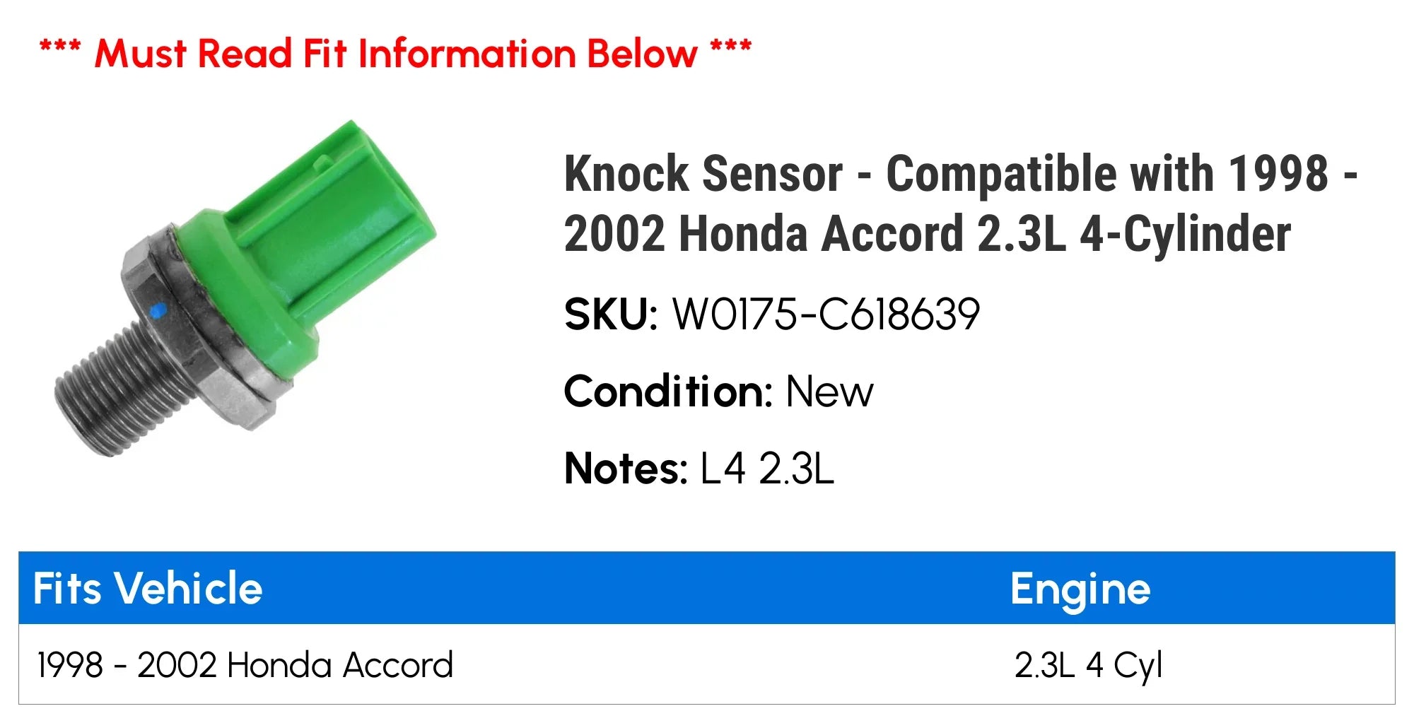 Knock Sensor - Suitable with 1998 - 2002 Honda Accord 2.3L 4-Cylinder 1999 2000 2001