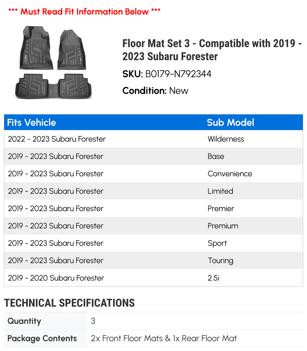 Floor Mat Set 3 - Suitable with 2019 - 2023 Subaru Forester 2020 2021 2022