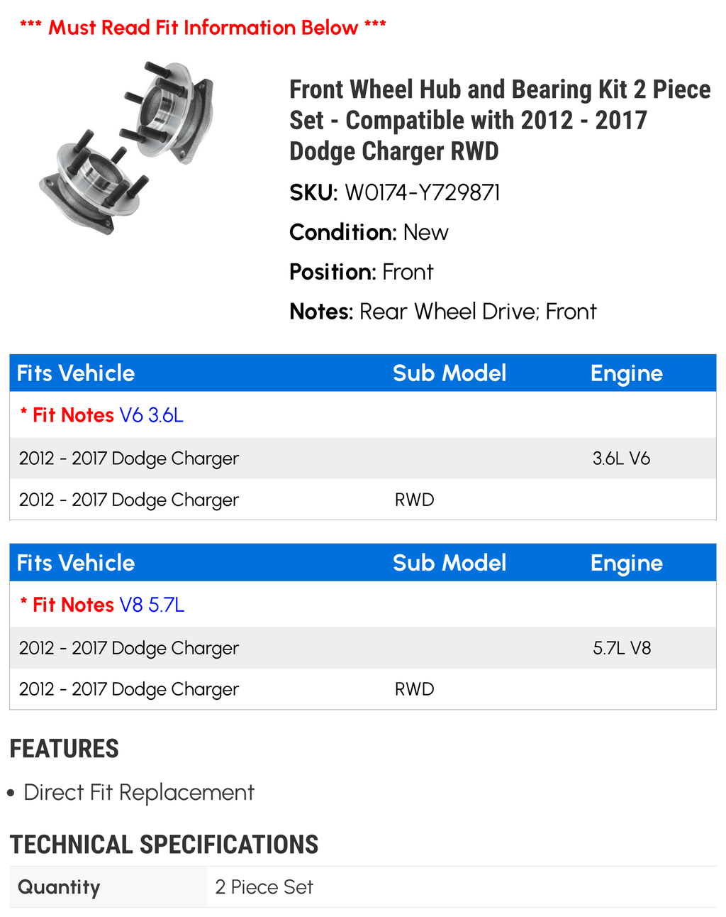 Front Wheel Hub and Bearing Kit 2 Piece Set - Matching with 2012 - 2017 Dodge Charger RWD 2013 2014 2015 2016 2018