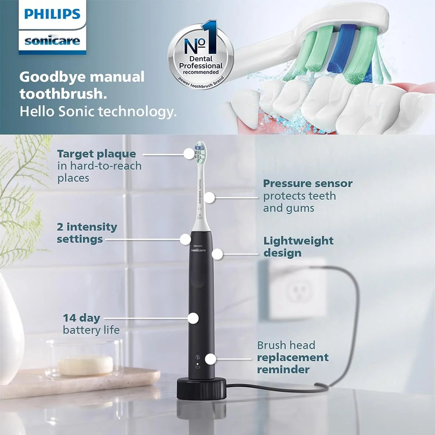 Philips Sonicare 4100 Power Toothbrush, Rechargeable Electric Toothbrush with Pressure Sensor, Black