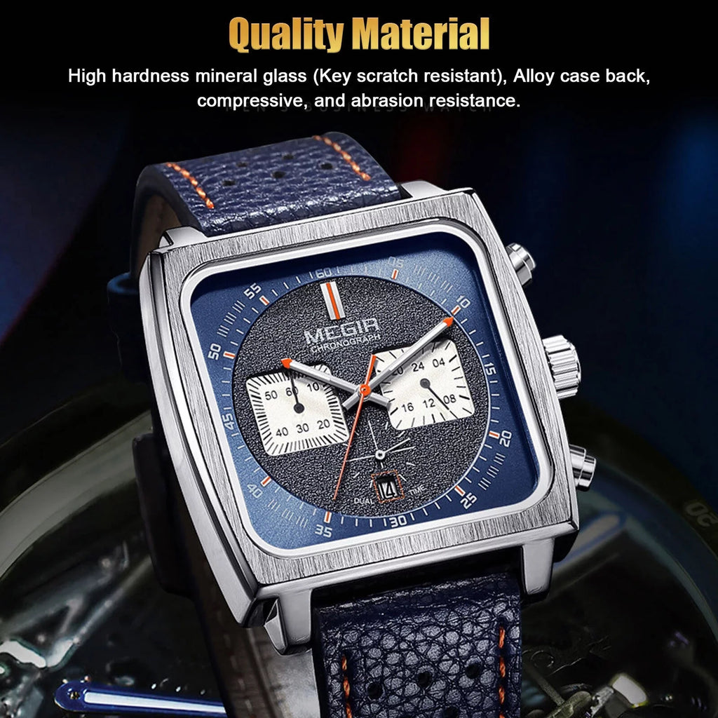 Fashion MEGIR Square Men Watch Luminous Quartz Waterproof Calendar Leather Wrist