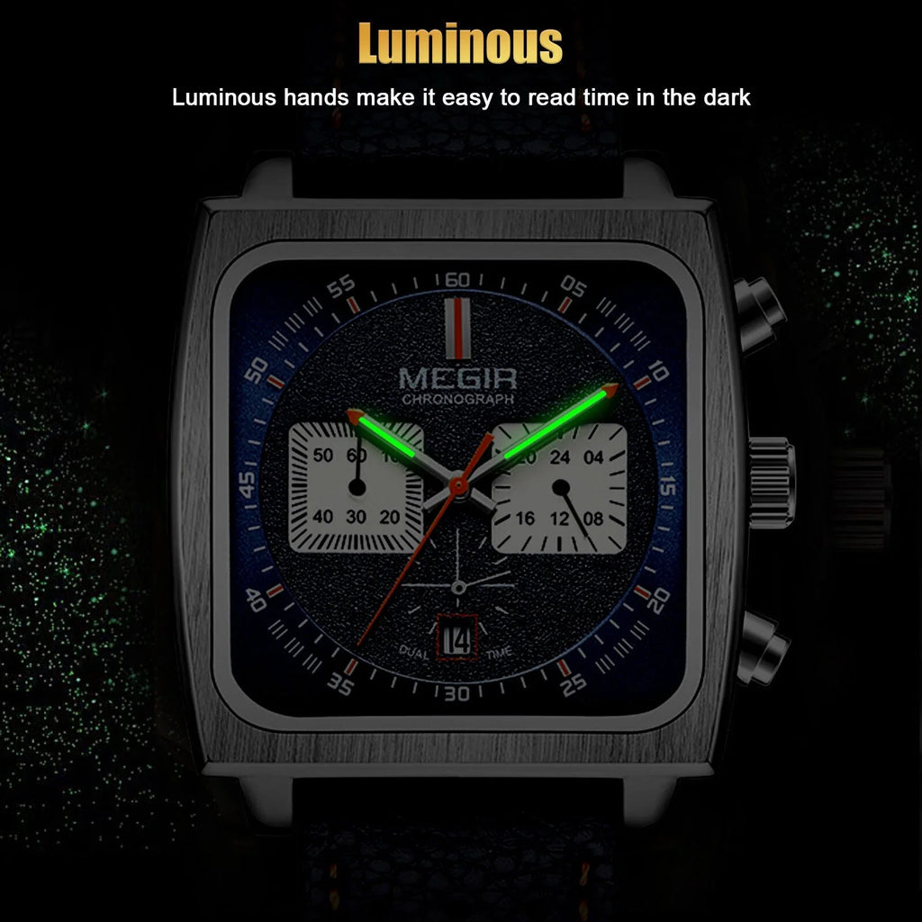 Fashion MEGIR Square Men Watch Luminous Quartz Waterproof Calendar Leather Wrist