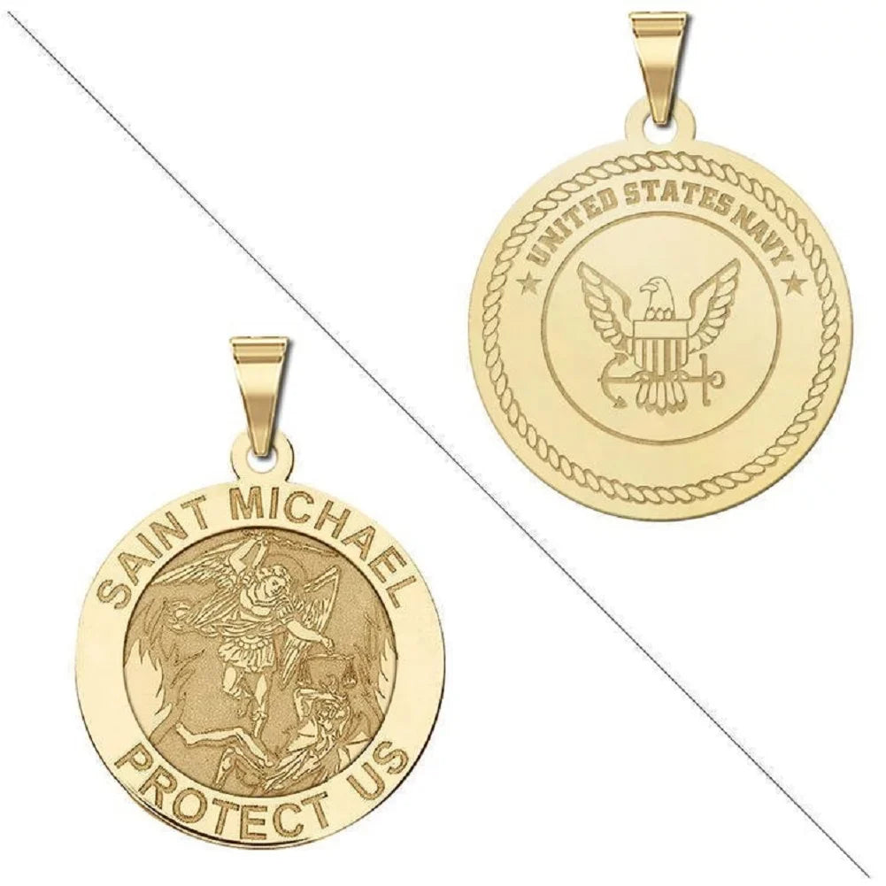 Picturesongold.Com Saint Michael Doubledside Navy Religious Medal Necklace Pendants - 3/4 inch Size of a Nickel - Solid 14K Yellow Gold