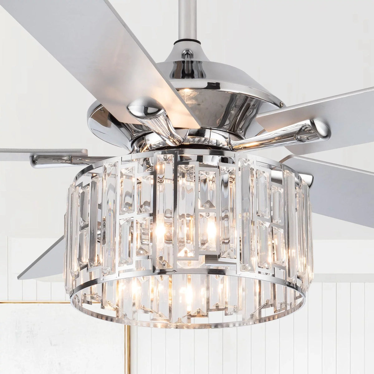 Parrot Uncle 52" Chrome Wooden 5-Blade Modern Crystal Ceiling Fan with Remote