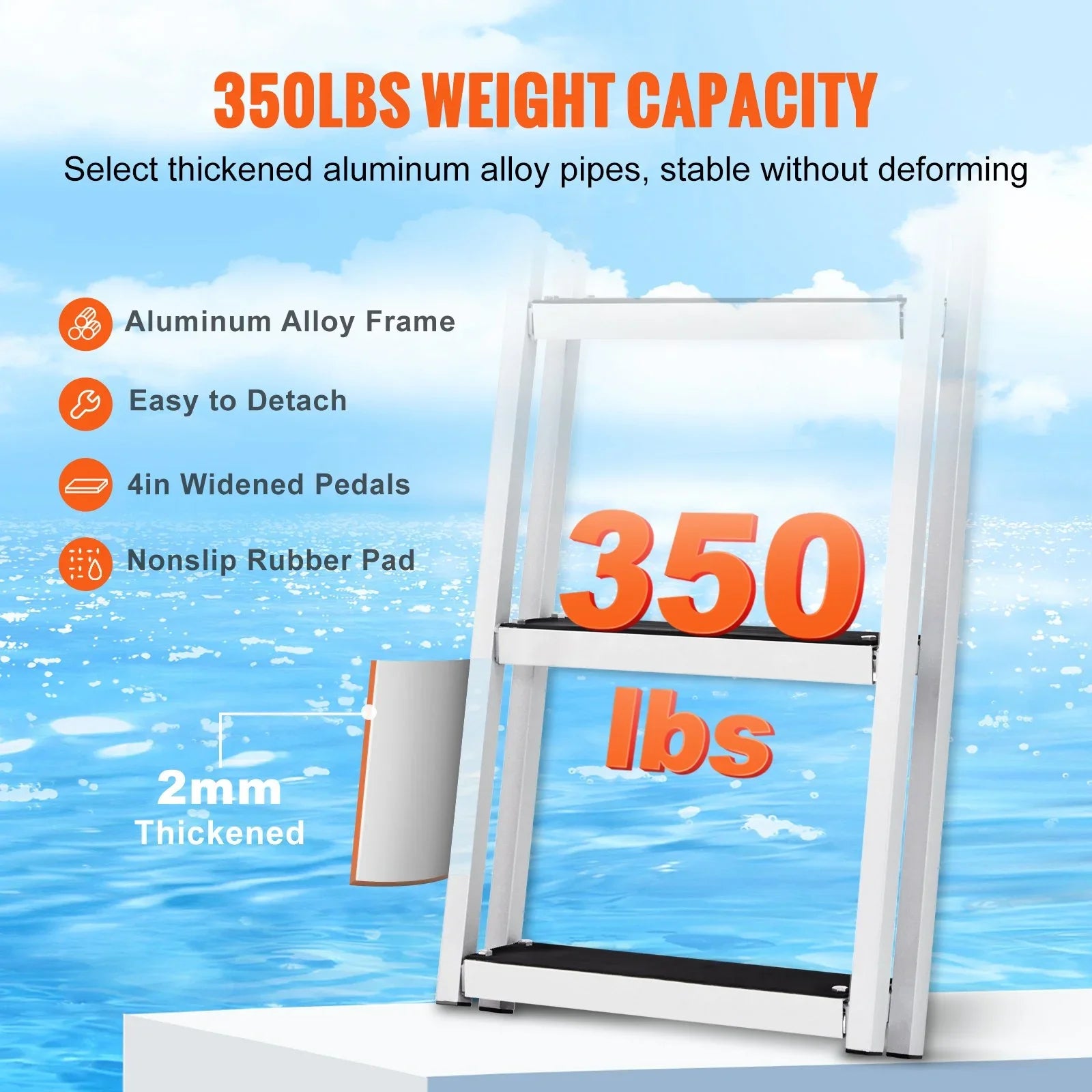 VEVOR Removable 3-Step Dock Ladder - 350 lbs Capacity, Aluminum Alloy with 4'' Wide Nonslip Steps, Simple Installation for Craft Lakes, Pools & Marine Access