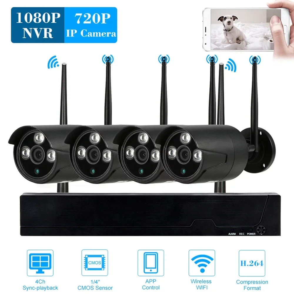 Andoer 4CH 1080P HD WiFi NVR Kit with 4pcs 1.0MP Wireless WiFi Waterproof Outdoor IP Support P2P IR-CUT Phone Control Motion Detection for CCTV System