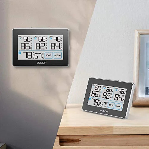 BALDR Digital Wireless Condition Station with 3 Remote Sensors, Real-Time Humidity Meter and Temperature Tracker with LCD, Touchscreen, Built-in Stand and Hanging Slot, 262 ft Max Distance - Black