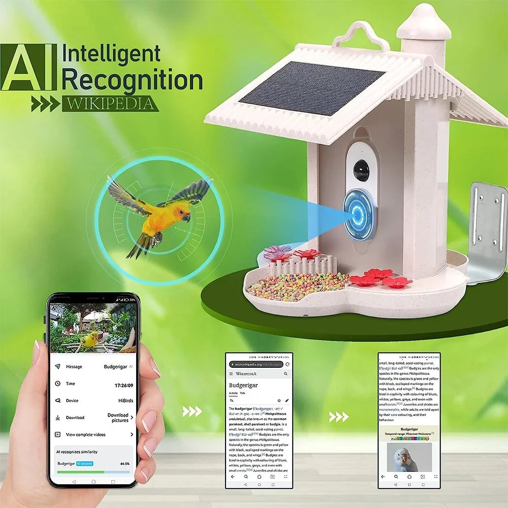 Dcenta Smart Bird Feeder Camera 1080P Auto Capture Bird Video Motion Detection Real-time Notification AI Identify Bird Species IP65 Waterproof 128G TF Cards, Excellent for Bird Lovers