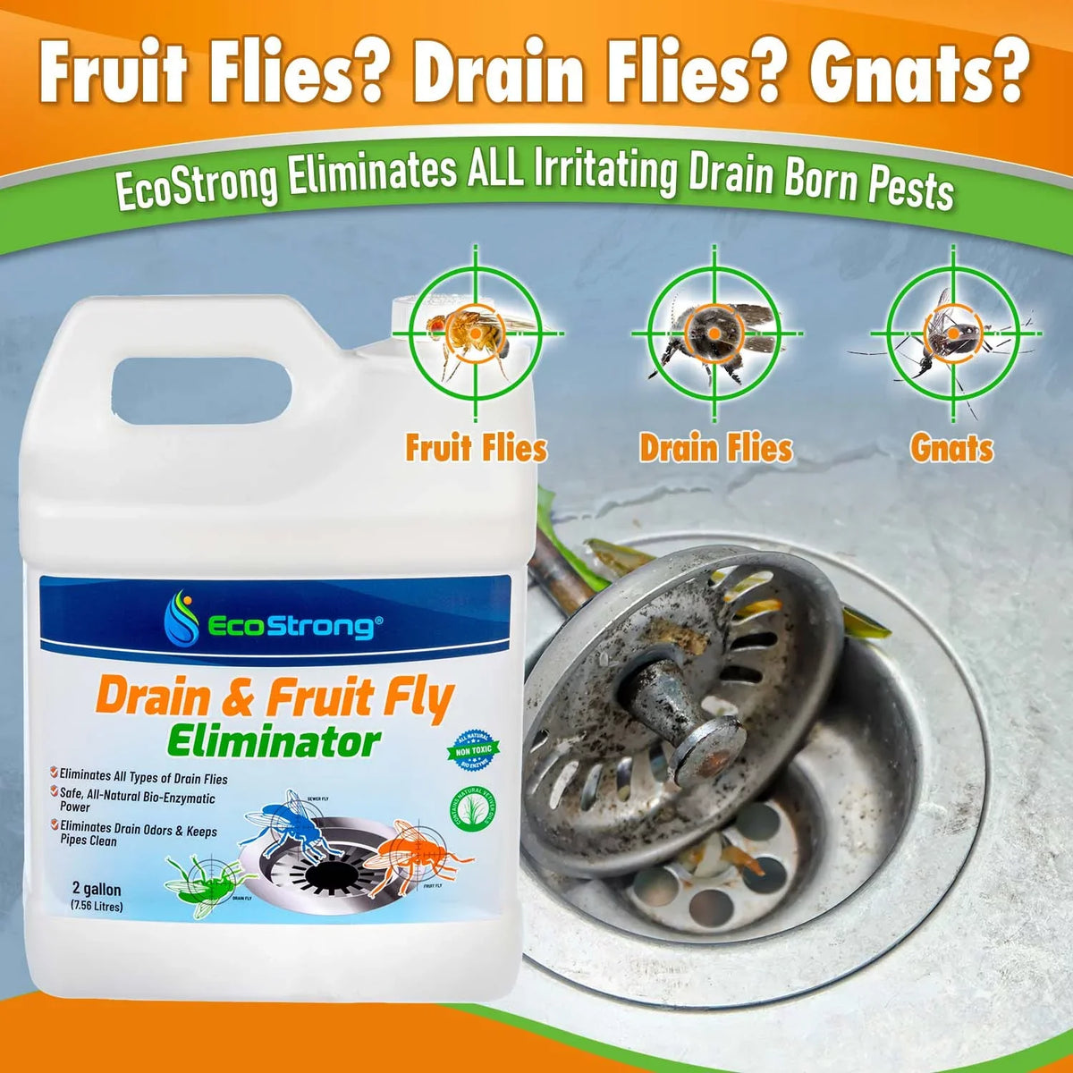 Fruit Fly Drain Treatment, Drain Fly Eliminator, Eliminates Gnats, Sewer Flies With EcoStrong - 2 Gallon
