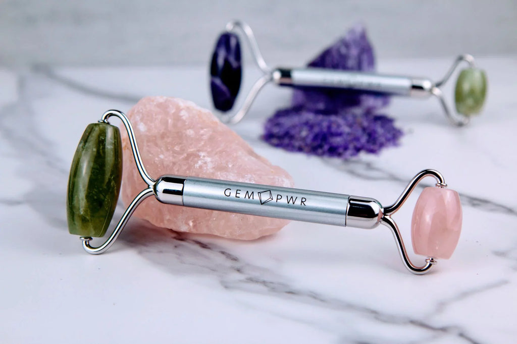 GEM PWR Rose Quartz + Jade Face Roller, Dual Head 2-in-1 with Travel Bag and Strong Steel Handle