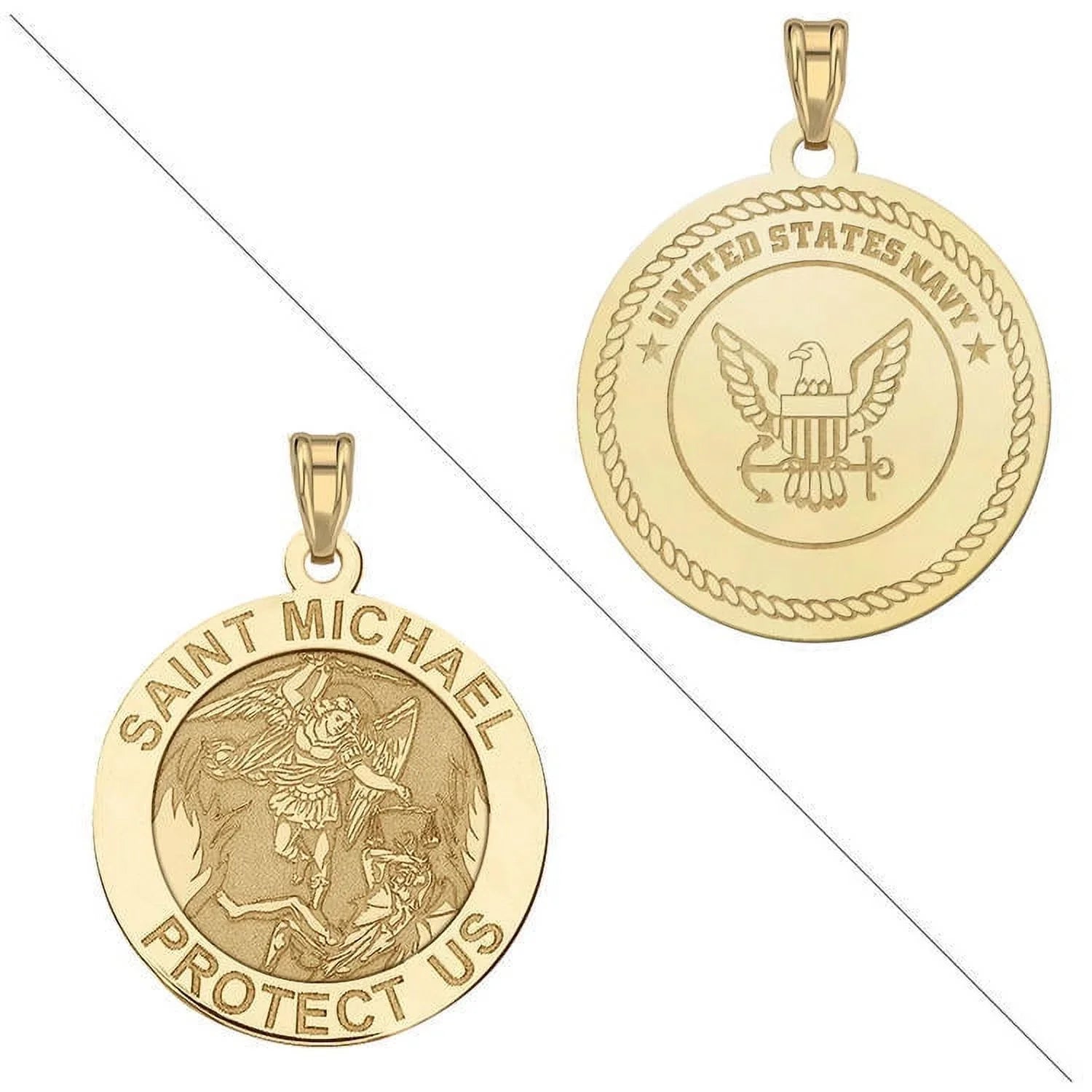 Saint Michael Doubledside NAVY Religious Medal - 2/3 Inch Size of a Dime - Solid 14K Yellow Gold