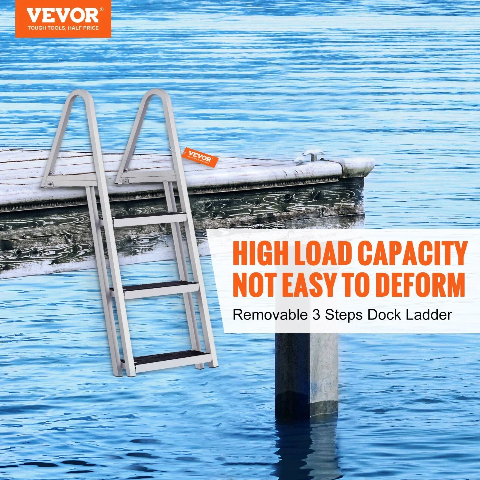 VEVOR Removable 3-Step Dock Ladder - 350 lbs Capacity, Aluminum Alloy with 4'' Wide Nonslip Steps, Simple Installation for Craft Lakes, Pools & Marine Access