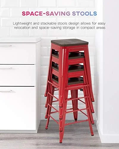 NLTBONNIE 24 Inches Metal Stools Set of 4 Counter Height Wood Seat Barstool Patio Stool Stackable Backless Stool Indoor Outdoor Metal Kitchen Stools Chairs (Red)