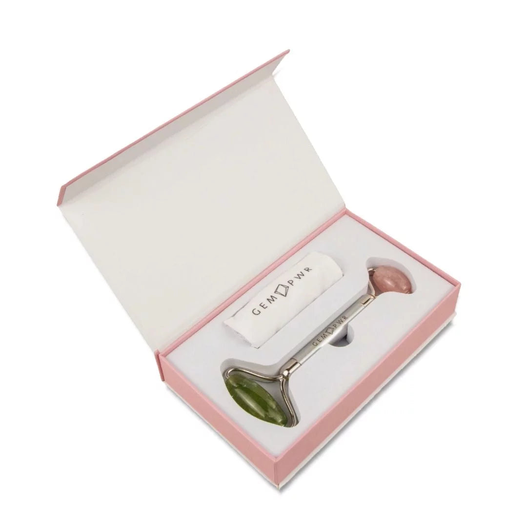GEM PWR Rose Quartz + Jade Face Roller, Dual Head 2-in-1 with Travel Bag and Strong Steel Handle
