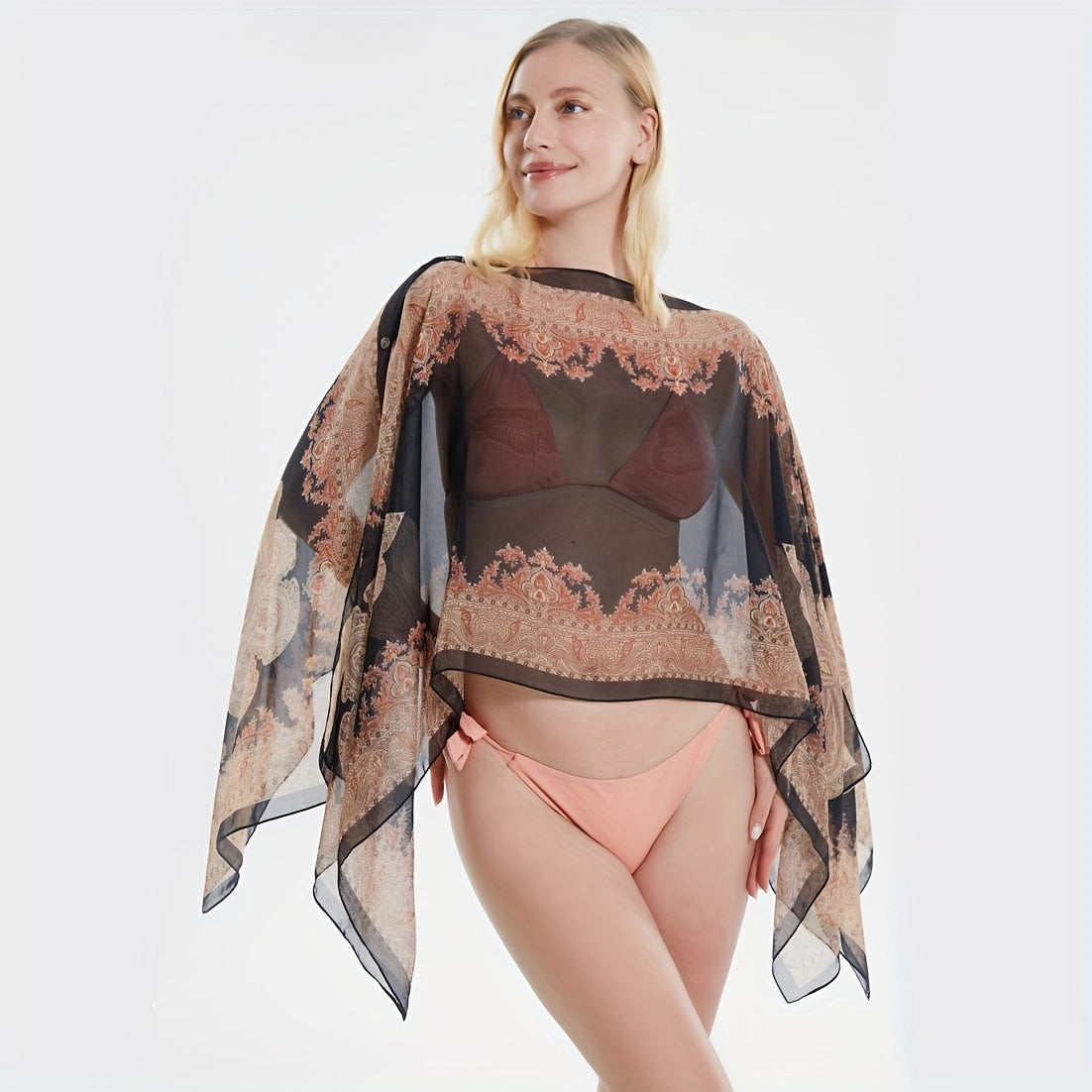 Jkzcp Fashionable Sun Protection Vintage Paisley Print Shawl Bikini Coating Up With Button