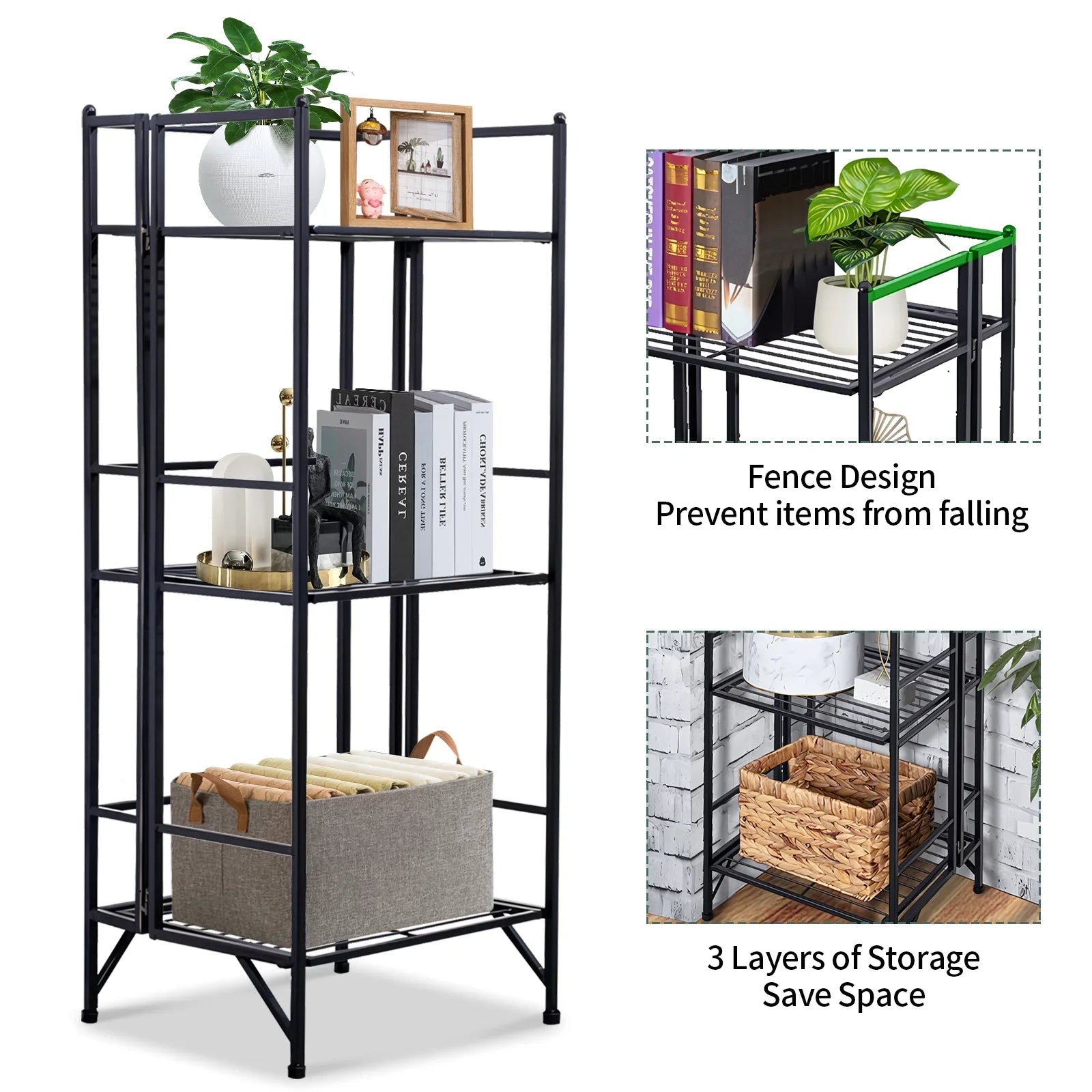 SYTHERS 3 Tier Wide Folding Metal Shelf, Metal Storage Rack, 13 x 11 x 33" Wire Shelving Unit, Heavy Duty Kitchen Organizer Shelf, Black