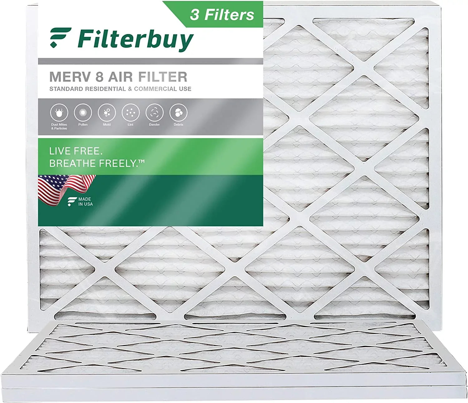Filterbuy 19x20x1 MERV 8 Pleated HVAC AC Furnace Air Filters (3-Pack)