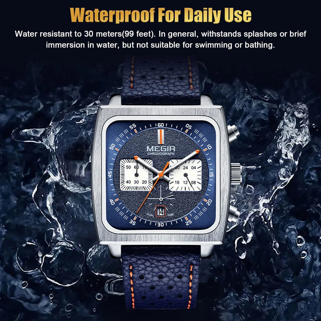 Fashion MEGIR Square Men Watch Luminous Quartz Waterproof Calendar Leather Wrist